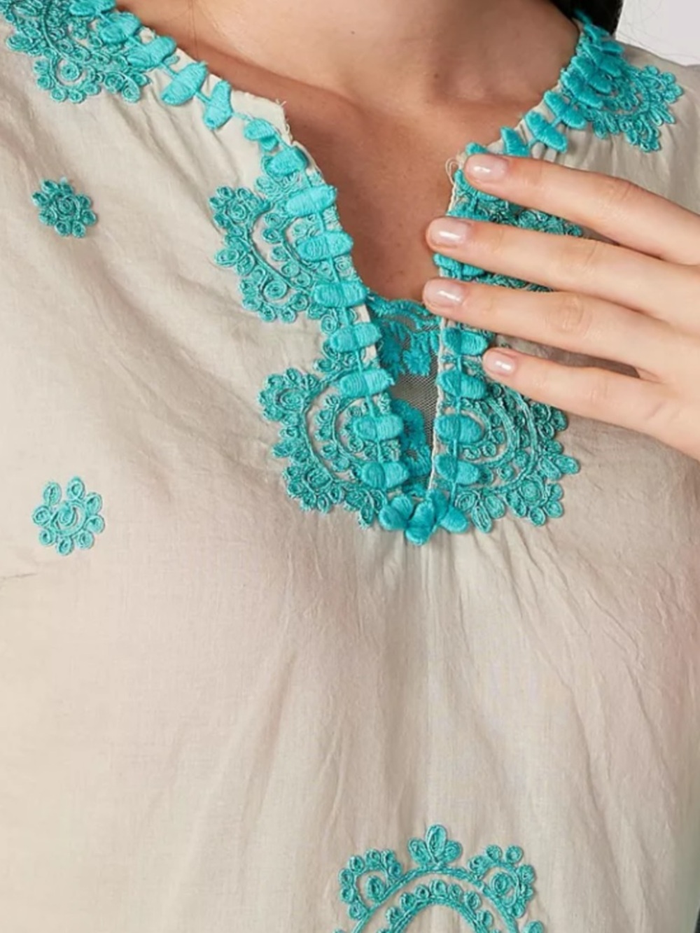 Shoreline Beige Tunic with Turquoise Lace Trim - Picture 3 of 5